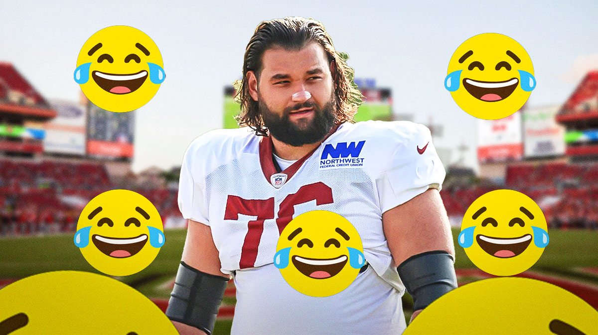Sam Cosmi in a Commanders jersey with laughing emojis surrounding him.