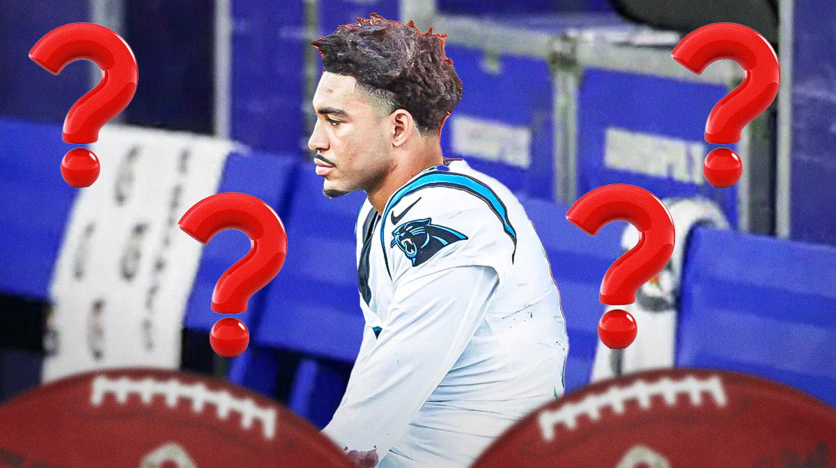 Panthers Bryce Young sitting down on an NFL sideline. Place question marks everywhere.