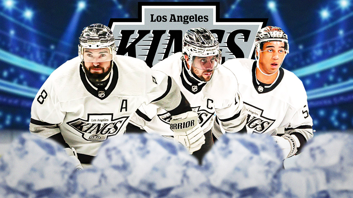 Drew Doughty, Anze Kopitar, and Quinton Byfield in front of a Kings logo.