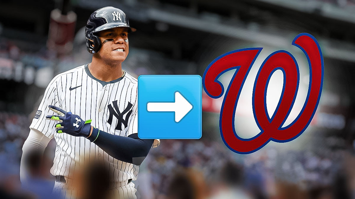 Juan Soto in a Yankees jersey with a "right arrow" emoji pointing to a Nationals logo