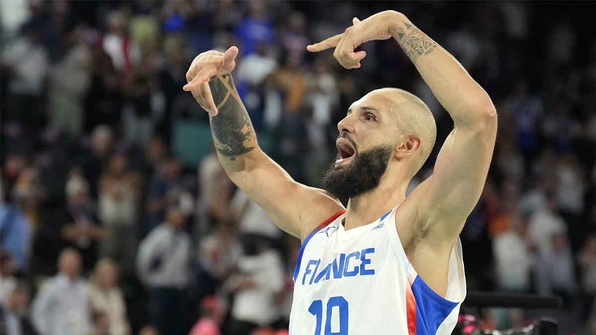 France shooting guard Evan Fournier (10) /celebrates after the game against Germany in a men's basketball semifinal game during the Paris 2024 Olympic Summer Games at Accor Arena.