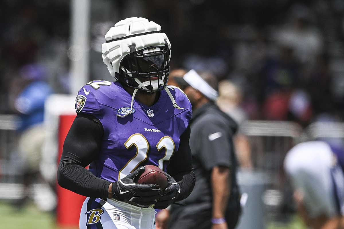 Baltimore Ravens running back Derrick Henry (22) after a drill during the afternoon session of training camp at the Under Armour Performance Center