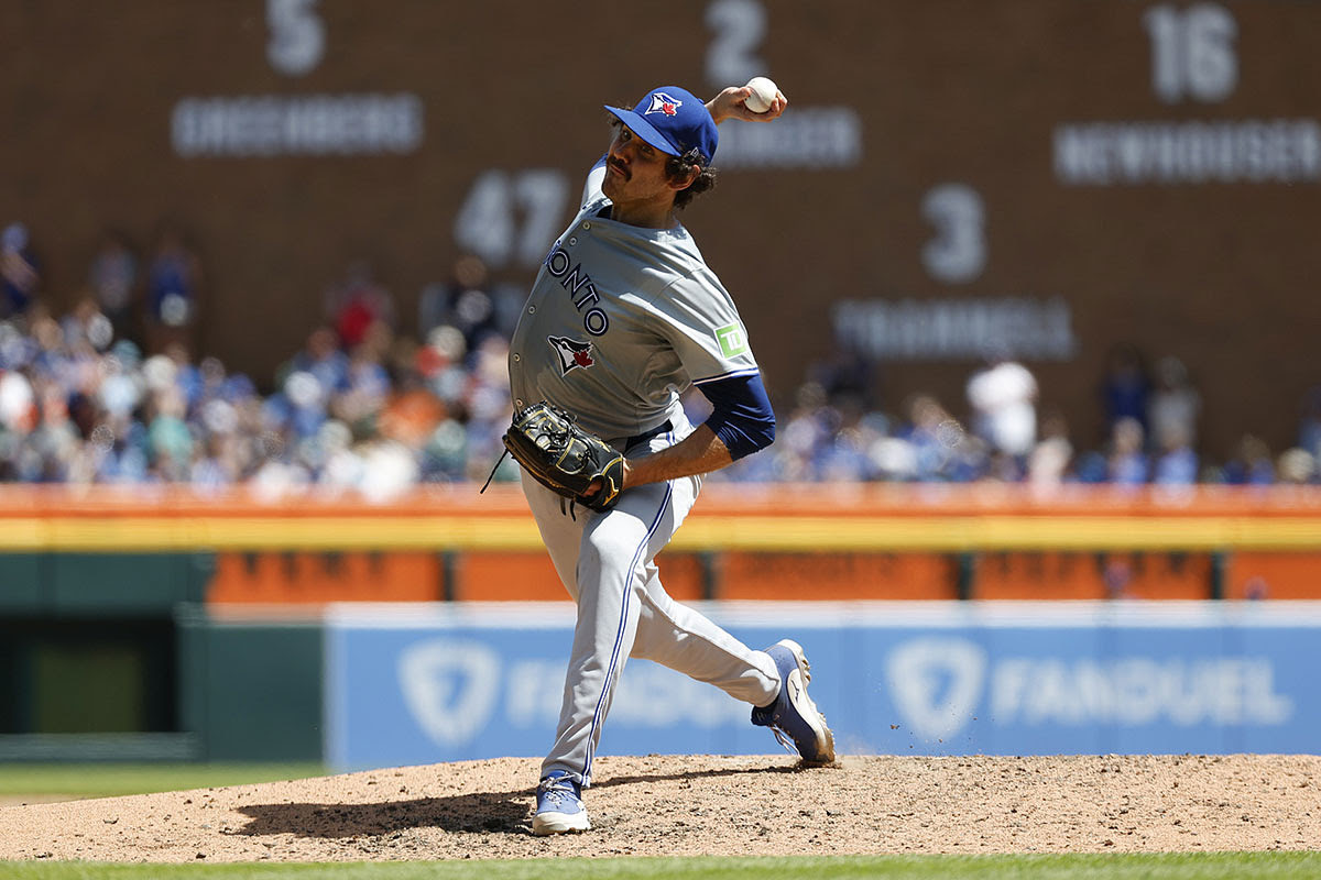 Toronto Blue Jays pitcher Jordan Romano (68) pitches during the eighth inning of the game against the Detroit Tigers at Comerica Park.