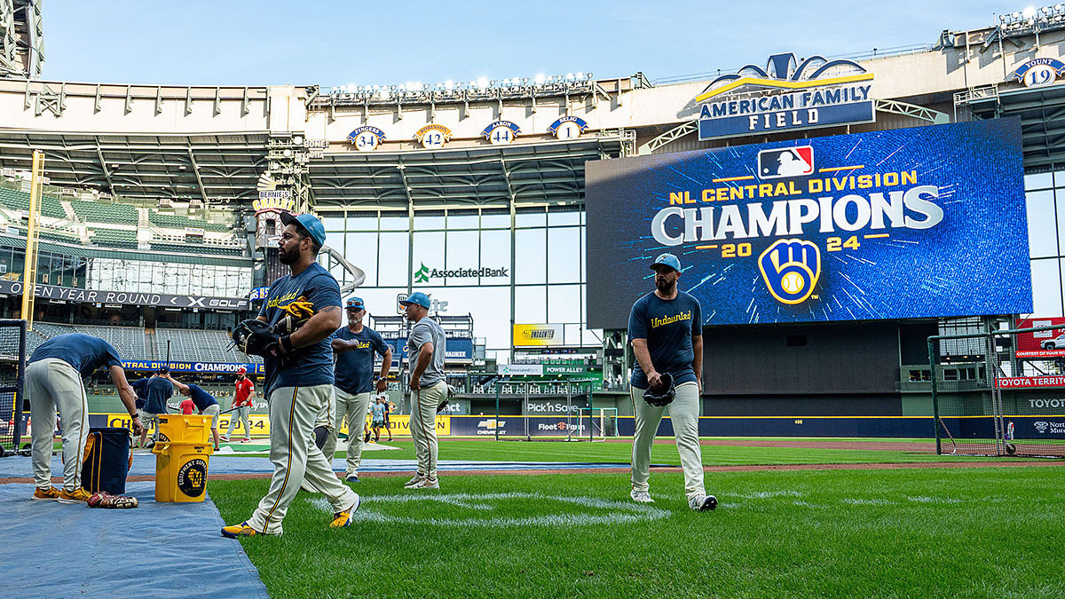 Milwaukee Brewers players participate in batting practice as they are named the NL Central Division Champions before their game against the Philadelphia Phillies on Wednesday September 18, 2024 at American Family Field in Milwaukee, Wis.