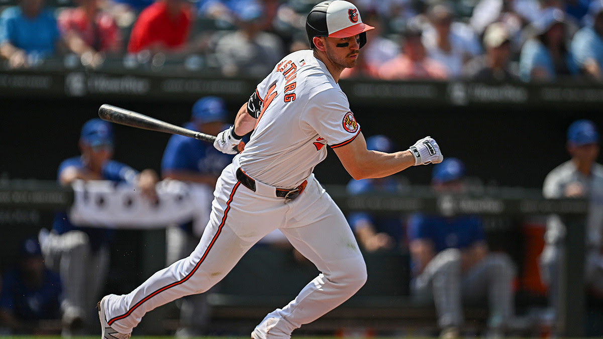 Baltimore Orioles third baseman Jordan Westburg (11) hits a single during the first inning against the Toronto Blue Jays at Oriole Park at Camden Yards.