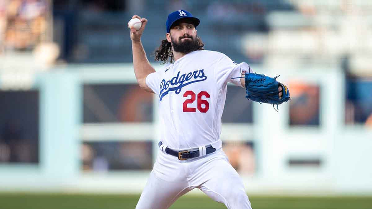 Los Angeles Dodgers starting pitcher Tony Gonsolin (26) throws a pitch against the Colorado Rockies during the third inning at Dodger Stadium.