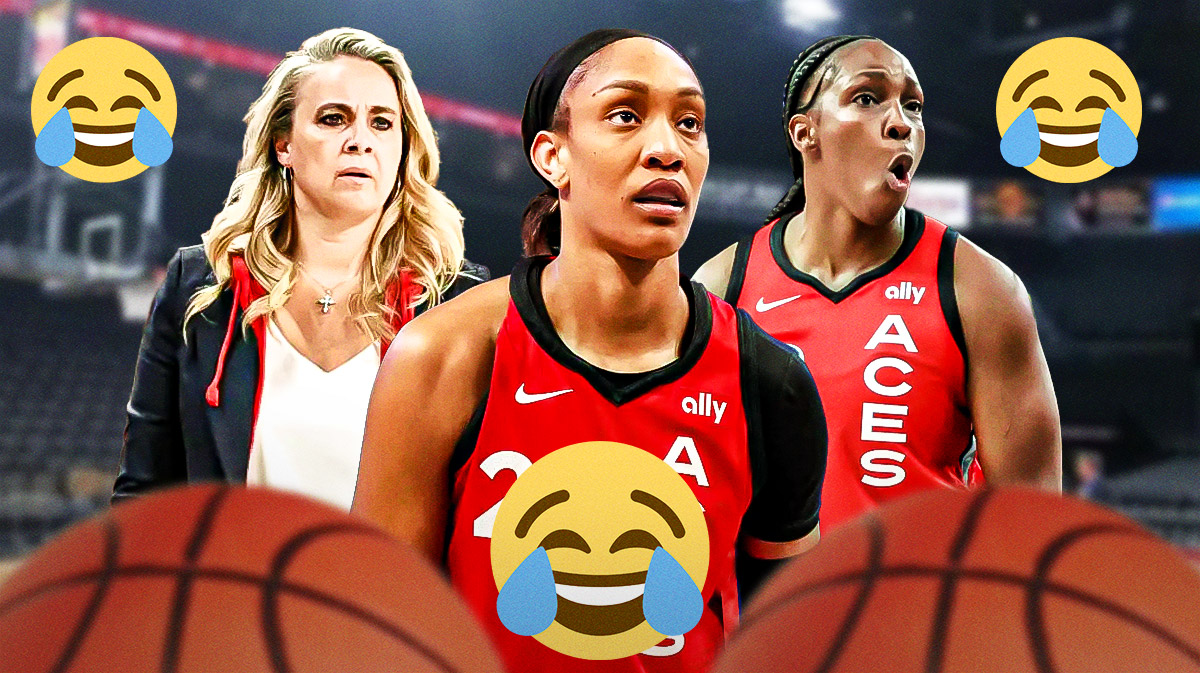 A'ja Wilson, Becky Hammon, and Chelsea Gray with laughing emojis surrounding them.