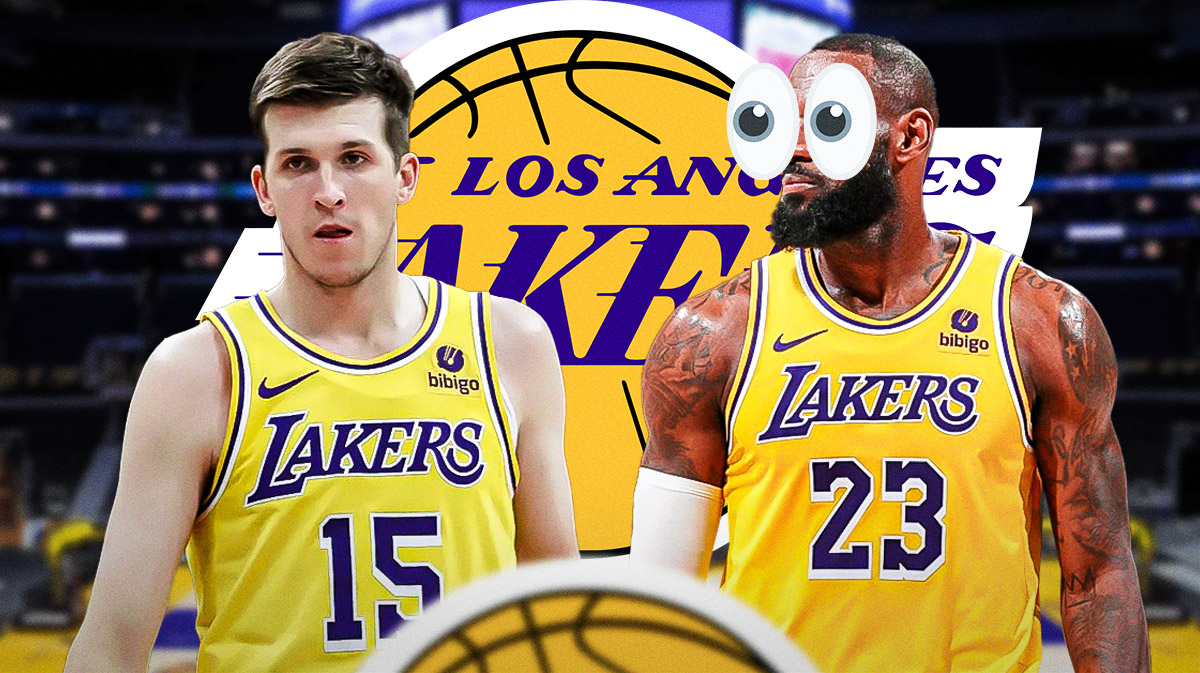 Austin Reaves on one side, LeBron James on the other side with the big eyes emoji over his face