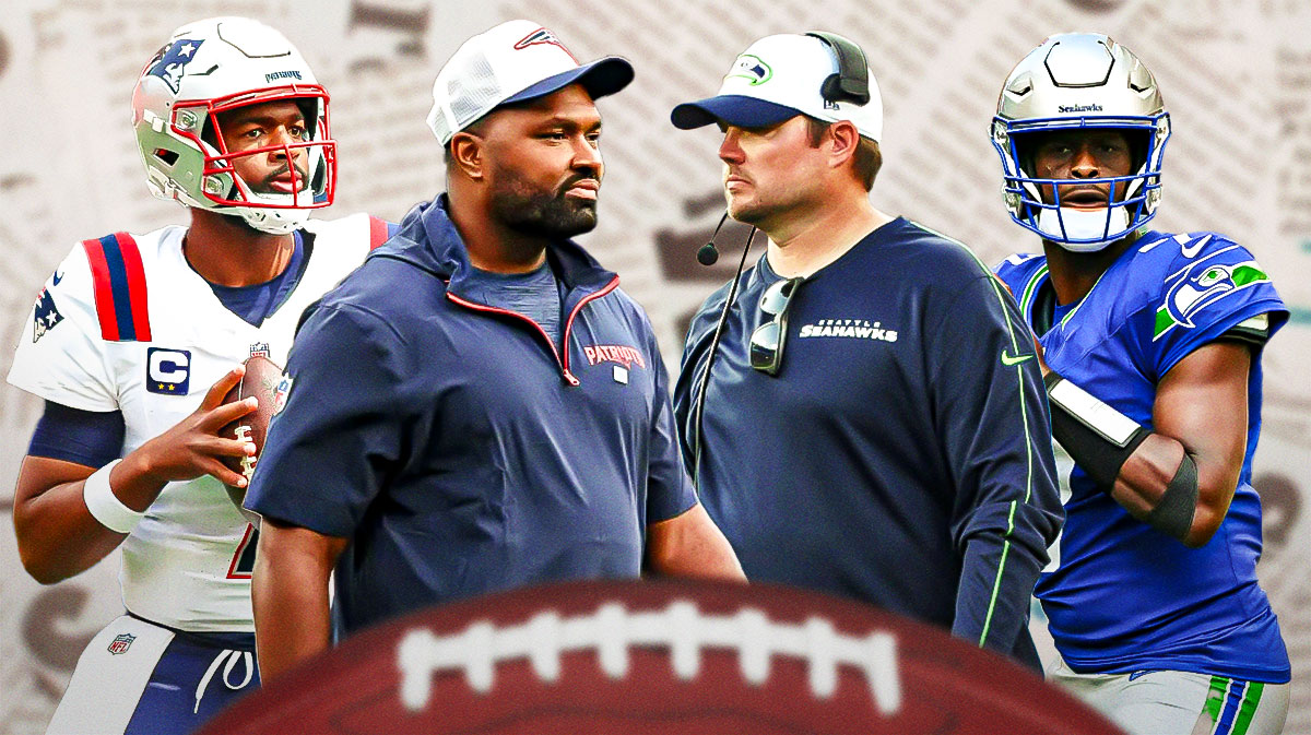 A newspaper as the background, Jerod Mayo and Jacoby Brissett on one side, Geno Smith and Mike Macdonald on the other side