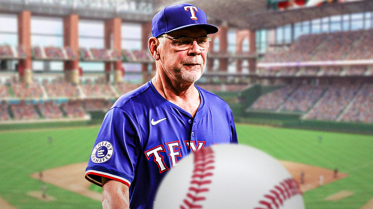 Texas Rangers manager Bruce Bochy in front of Globe Life Field.