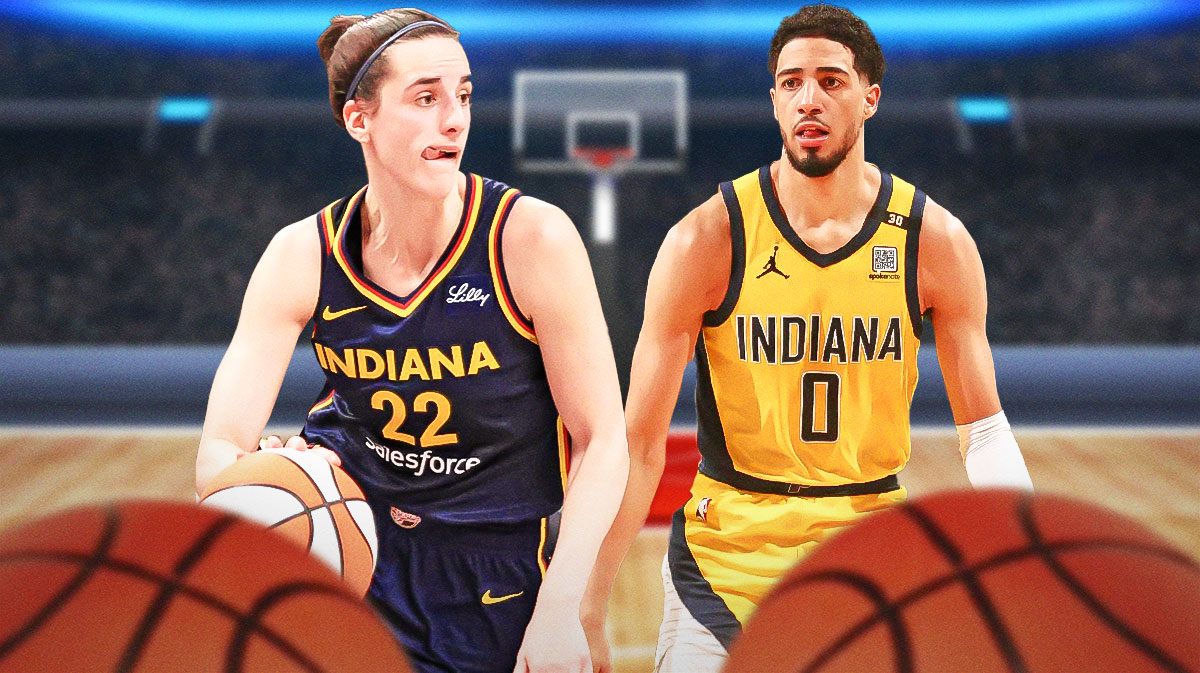 Caitlin Clark in a Fever jersey and Tyrese Haliburton in a Pacers jersey. Wizards