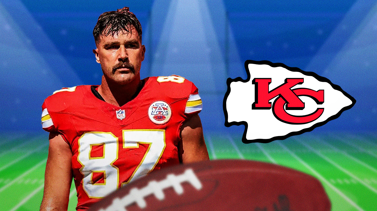 Chiefs tight end Travis Kelce next to the Chiefs logo with a football field in the background
