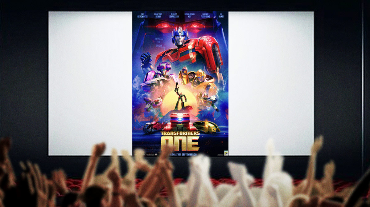 Transformers One poster on movie theater screen.