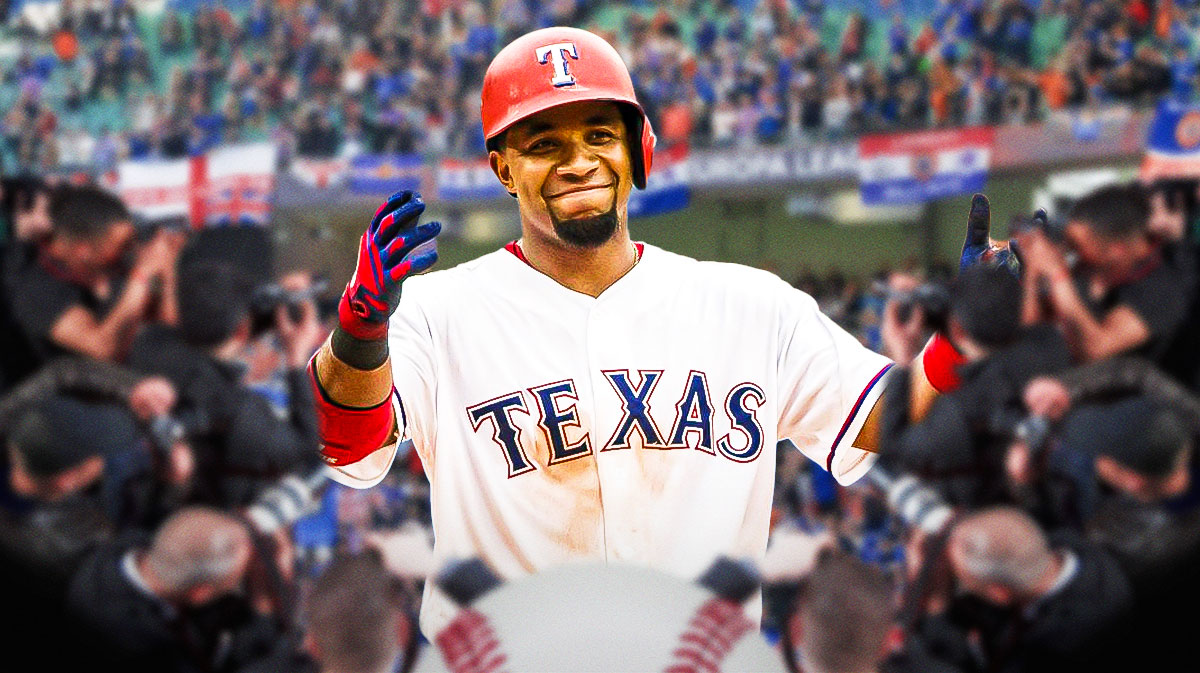 Elvis Andrus looking happy / celebrating in a Texas Rangers uniform as Andrus will retire with the Rangers joined by Michael Young and Ron Washington.