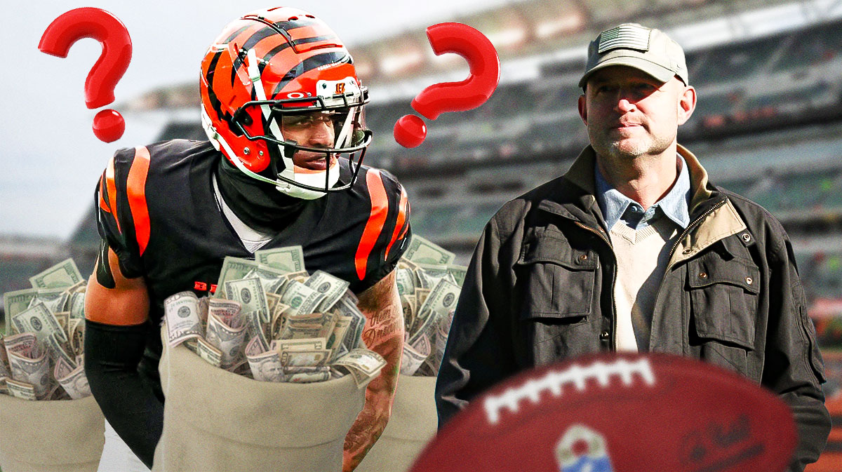 Ja'Marr Chase with question marks and money bags next to GM Duke Tobin .