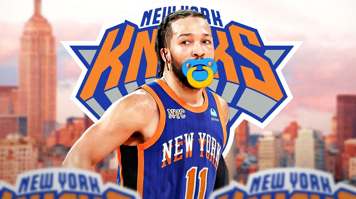 Jalen Brunson wearing a pacifier celebrating a three-point make with a Knicks-themed BG.