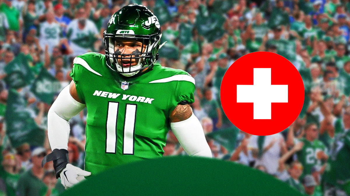 Jermaine Johnson in a jets uniform with a Red Cross medical symbol next to him