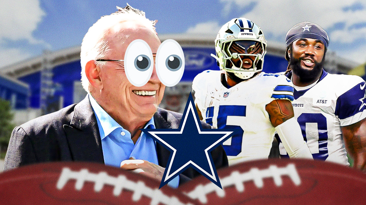 Cowboys Jerry Jones with emoji eyes looking at Ezekiel Elliott and Dalvin Cook