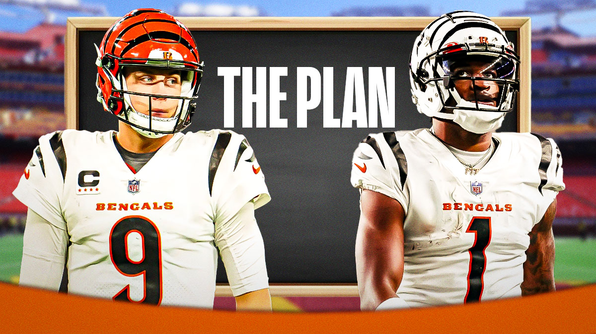 Bengals Joe Burrow on left of chalk board, Bengals Ja'Marr Chase on right of chalk board. On the board, write the following: THE PLAN