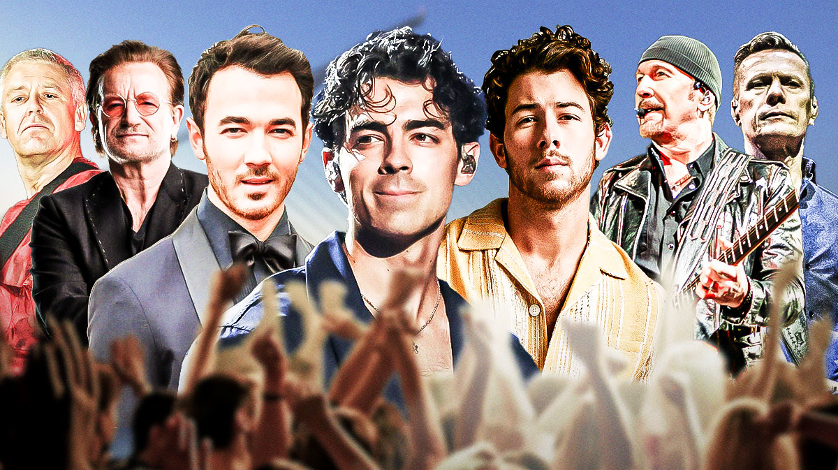 U2 members Adam Clayton, Bono, The Edge, and Larry Mullen Jr, with Jonas Brothers (Kevin, Joe, and Nick) with Dublin background, where they played a show on 9/10 on their 2024 tour.
