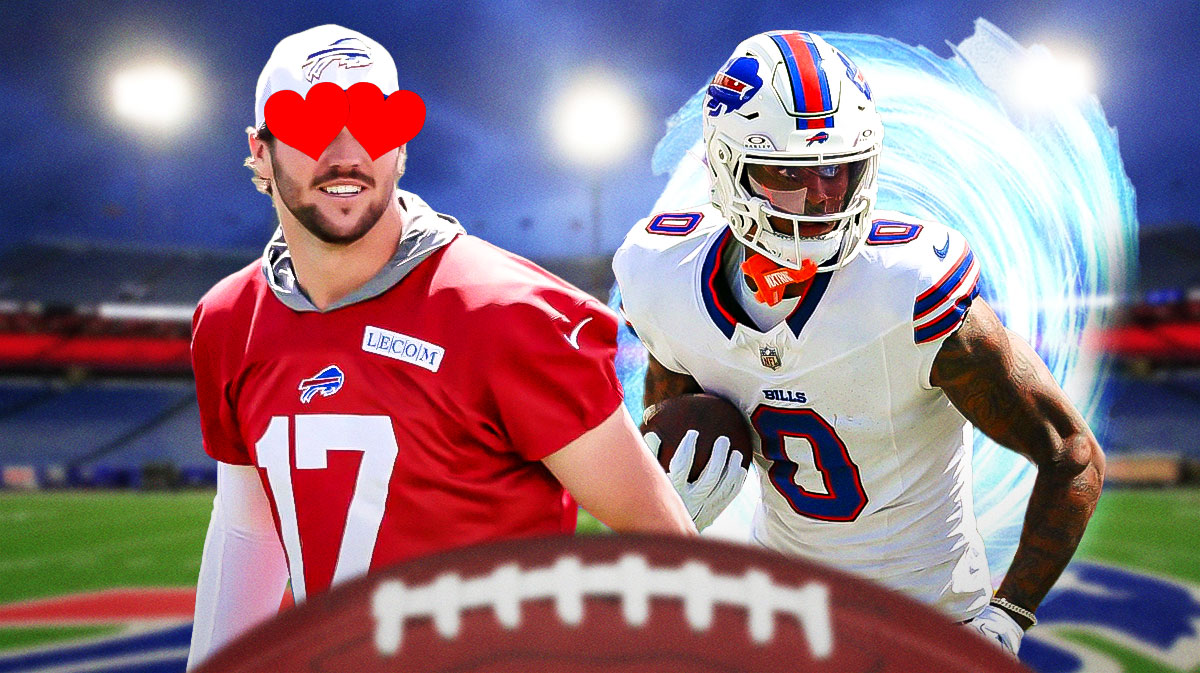 Josh Allen with heart eyes looking on at a Keon Coleman that's running fast like Sonic the Hedgehog featuring a Bills-themed bg.