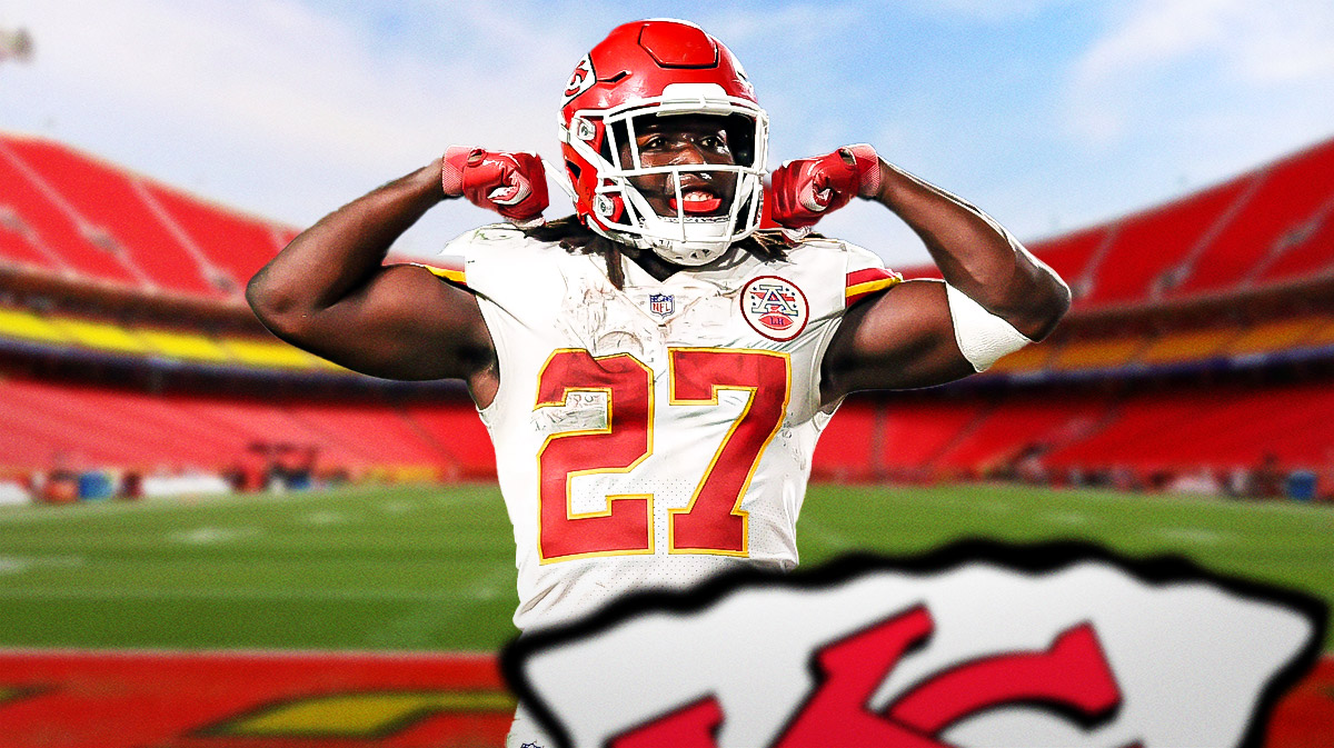 Kansas City Chiefs star Kareem Hunt in front of Arrowhead Stadium.