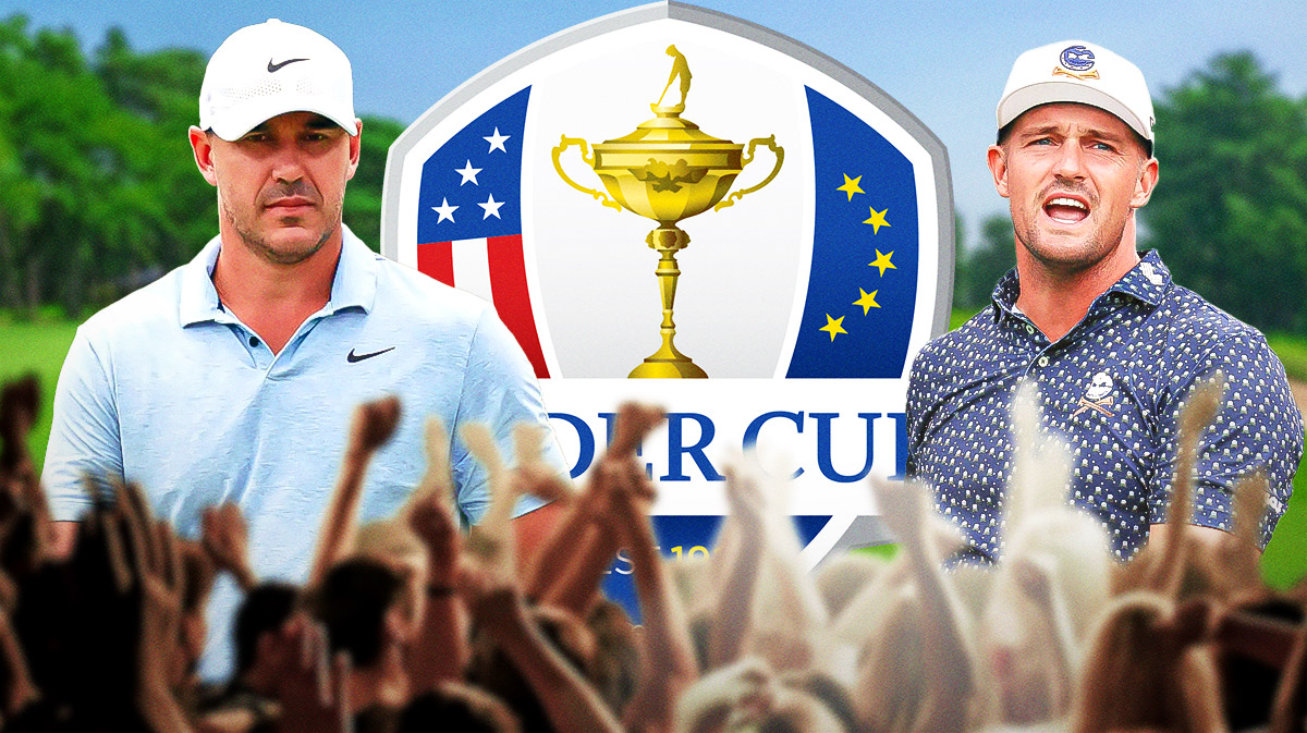Brooks Koepka and Bryson DeChambeau in front of Ryder Cup logo