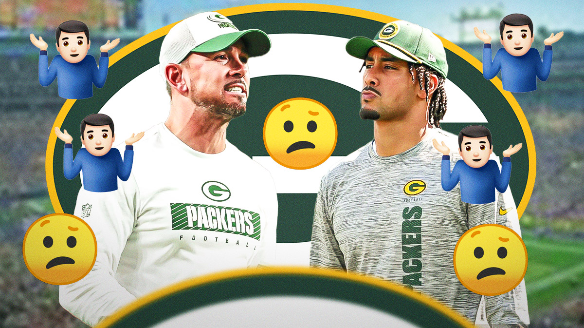 Packers HC Matt LaFleur and QB Jordan Love surrounded by shrug emojis 🤷 and confused emojis