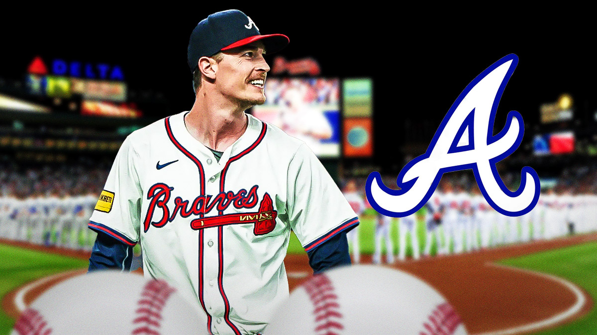Braves pitcher Max Fried next to the Braves logo and Truist Park