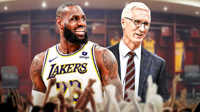 Los Angeles Lakers star LeBron James and Mike Breen in front of Crytpo.com Arena.