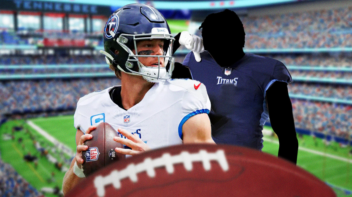 A scared Will Levis next to a silhouetted Titans player featuring a Tennessee Titans background.