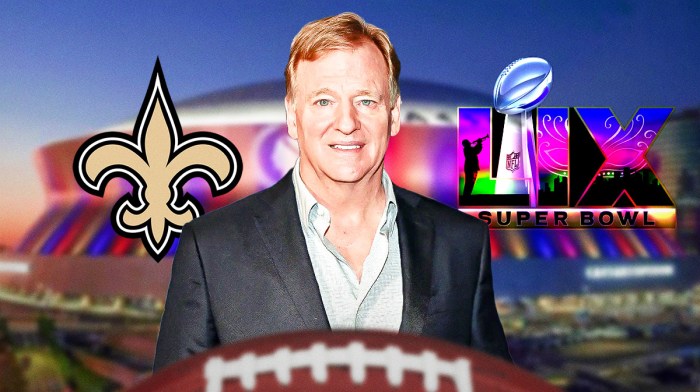 NFL Commissioner Roger Goodell in front of Caesars Superdome in New Orleans. There is also a logo for the New Orleans Saints and for Super Bowl 59.