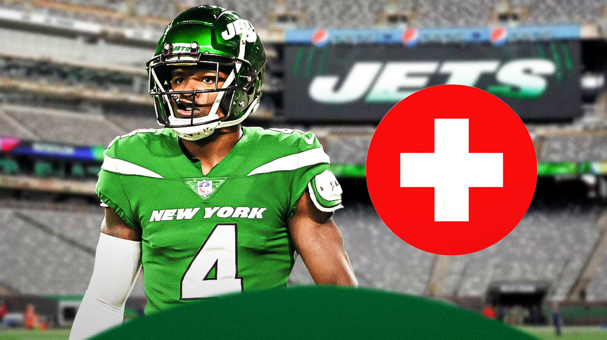 New York Jets CB DJ Reed with an injury symbol. There is also a logo for the New York Jets.