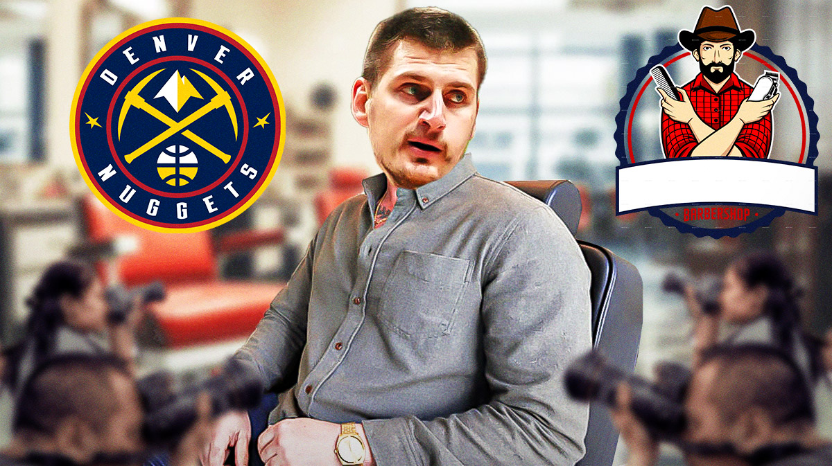 Nuggets superstar Nikola Jokic in a barbershop chair next to a barbershop logo & the Nuggets' logo ready for coach Michael Malone