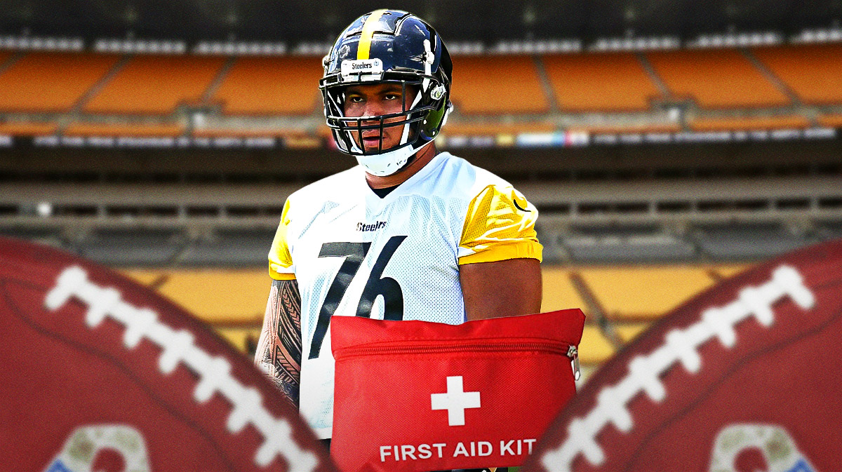 Steelers rookie Troy Fautanu next to a medical first aid kit
