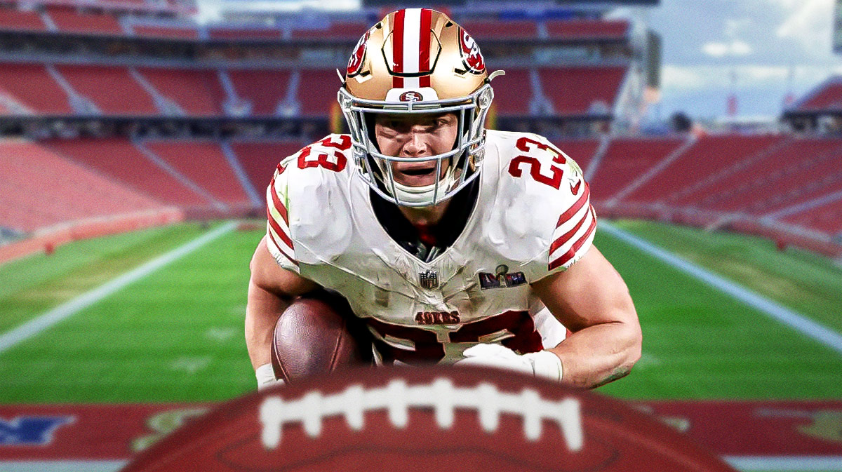 San Francisco 49ers star Christian McCaffrey in front of Levi's Field.