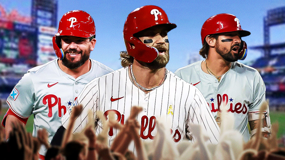 Philadelphia Phillies players Bryce Harper, Kyle Schwarber and Nick Castellanos