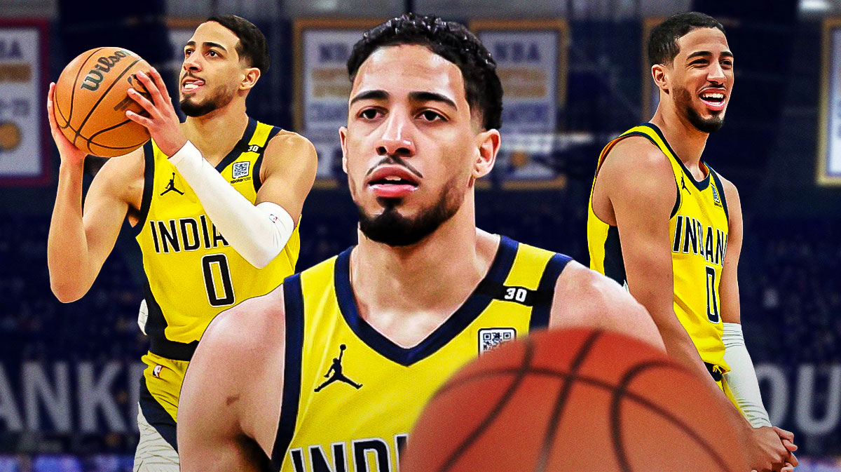 Pacers Tyrese Haliburton in front, close-up image. In background on left, Pacers Tyrese Haliburton shooting a basketball. In background on right, Pacers Tyrese Haliburton smiling.