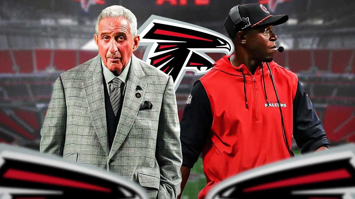 Atlanta Falcons owner Arthur Blank with head coach Raheem Morris. There is also a logo for the Atlanta Falcons.