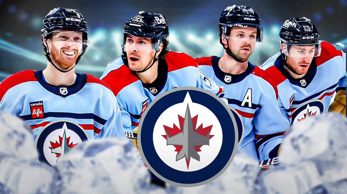 Kyle Connor, Mark Scheifele, Josh Morrisey and Gabriel Vailardi all in image, Winnipeg Jets logo, hockey rink in background
