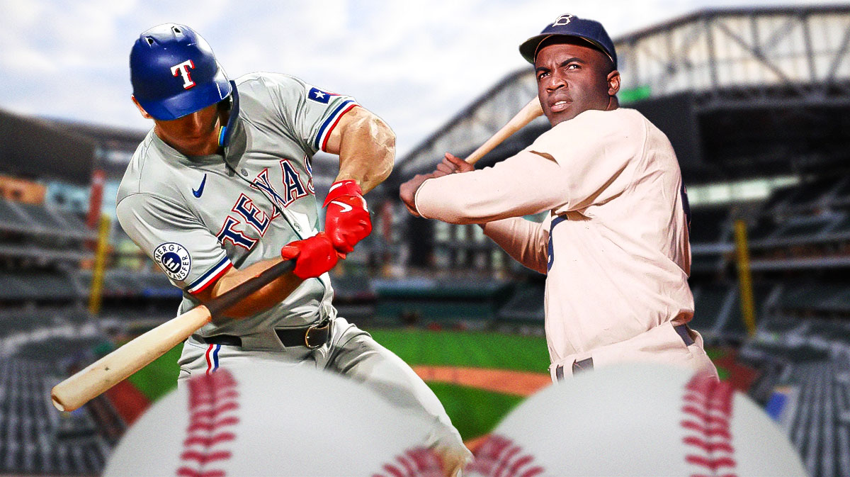 Rangers Wyatt Langford, Dodgers Jackie Robinson both swinging baseball bats.