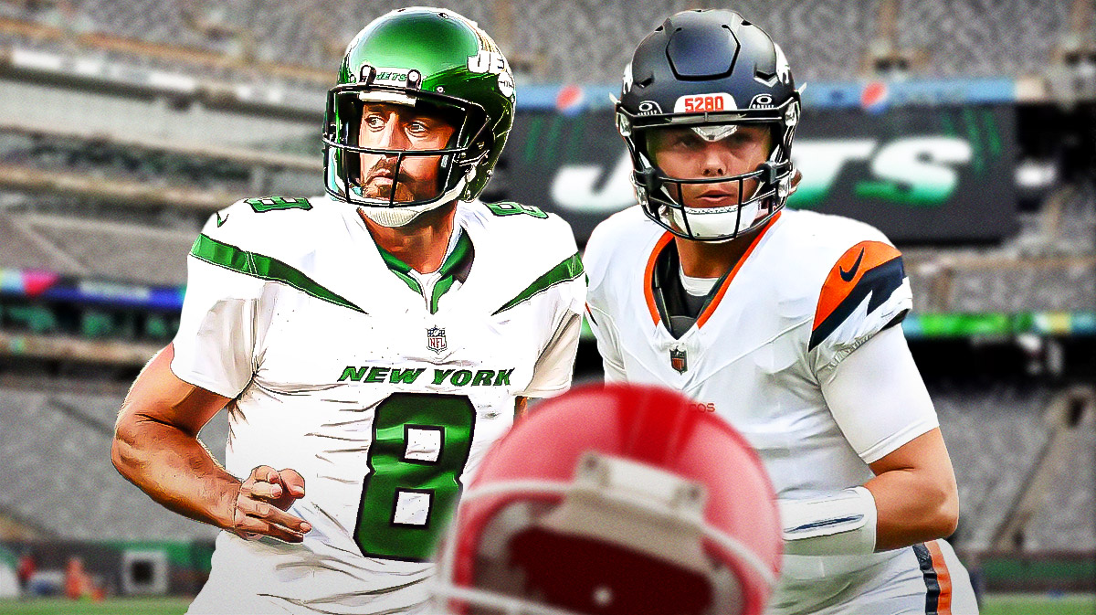 Aaron Rodgers in Jets uniform and Zach Wilson