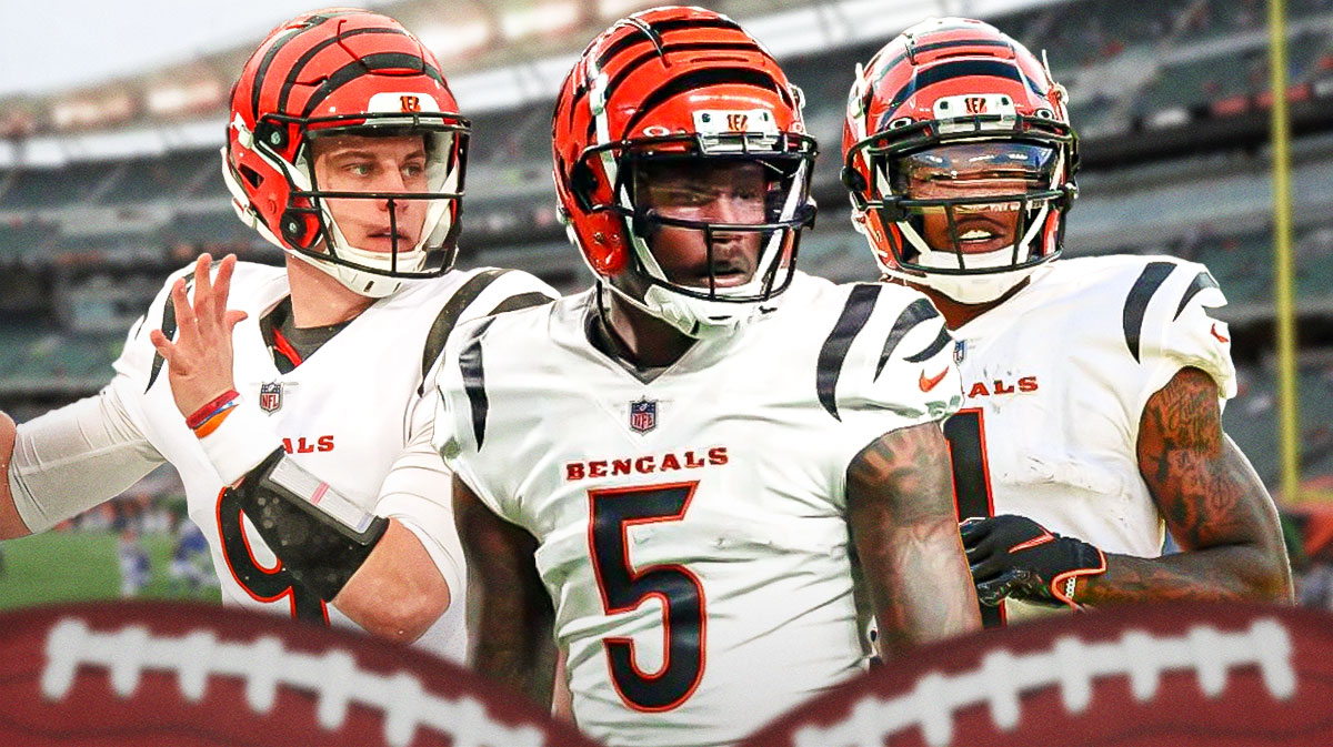 Tee Higgins with medical kits around him, Joe Burrow, Ja'Marr Chase behind him, all of them in Bengals jerseys