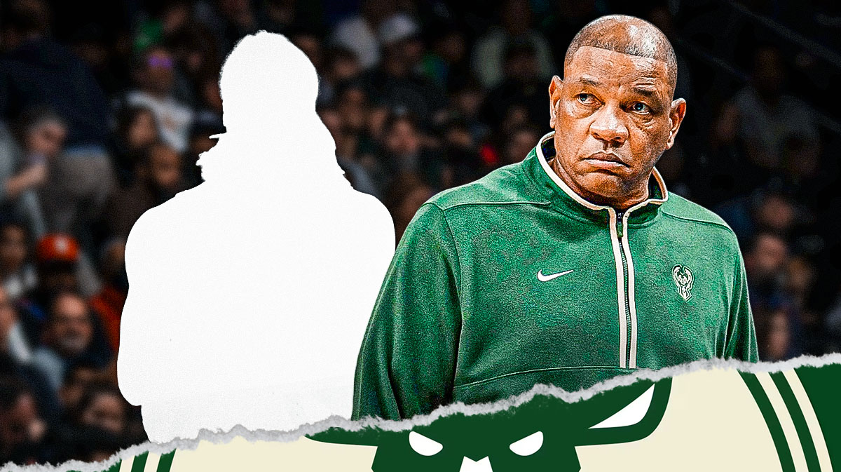 Doc Rivers in Milwaukee Bucks coaching uniform and a silhouette/shadow of a basketball player beside him