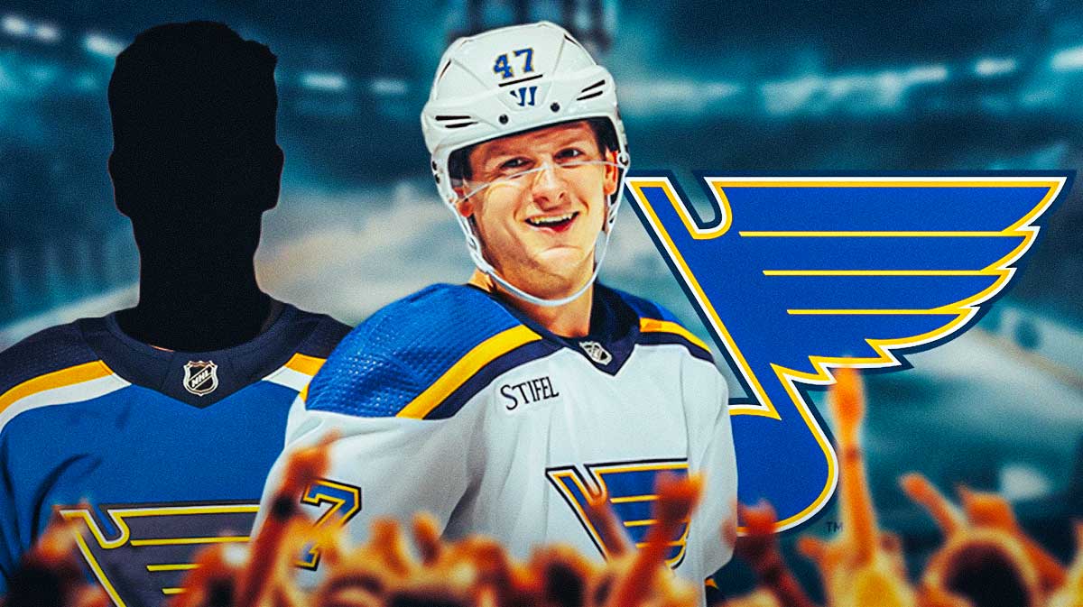 Torey Krug in middle looking stern, 1 silhouetted NHL player beside him, St. Louis Blues logo, hockey rink in background