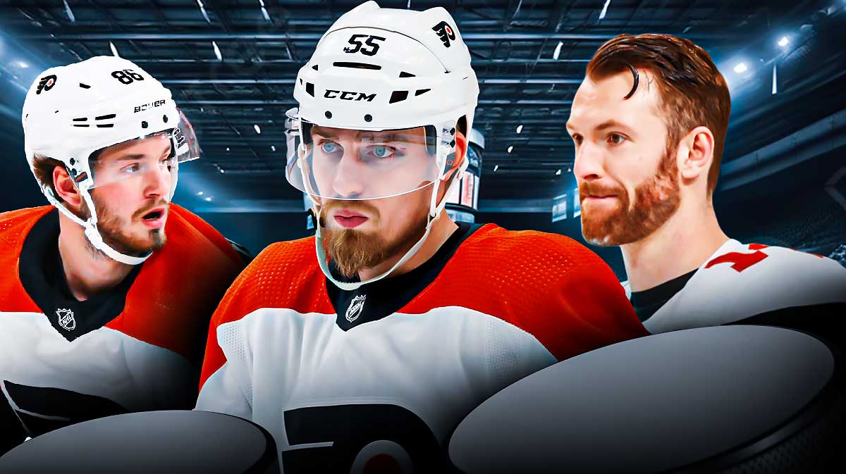 Sean Couturier, Rasmus Ristolainen and Joel Farabee in image, Philadelphia Flyers logo, hockey rink in background