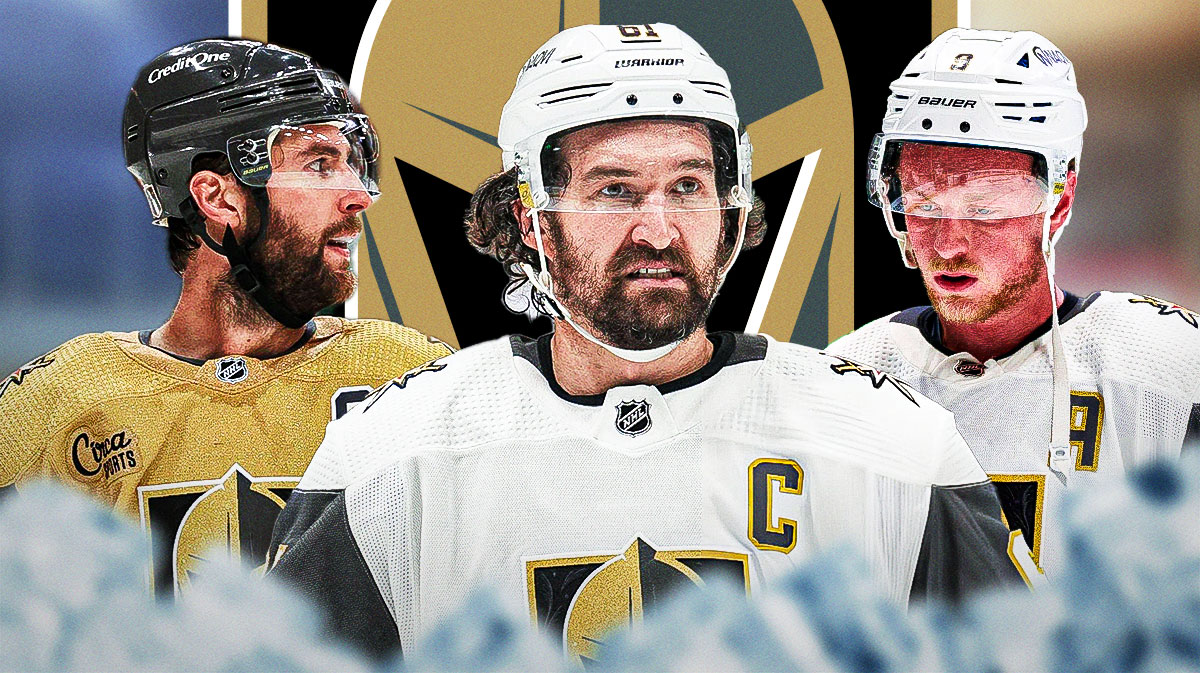 Mark Stone, Jack Eichel, and Alex Pietrangelo in front of a Golden Knights logo and ice rink.
