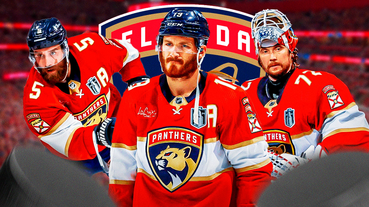 Aaron Ekblad, Matthew Tkachuk, and Sergei Bobrovsky in front of a Panthers logo