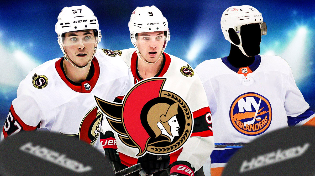 Shane Pinto and Josh Norris on either side, 1 silhouetted New York Islanders player in middle, Ottawa Senators logo, hockey rink in background