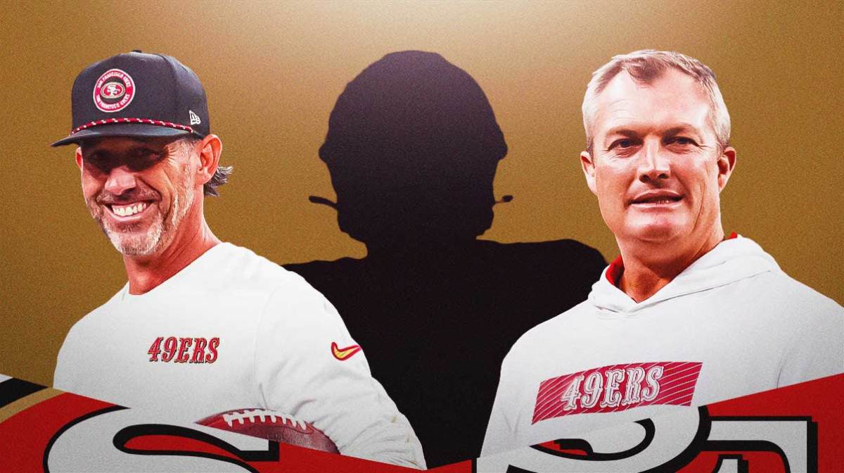 Silhouette of KJ Henry of the Washington Commanders next to 49ers HC Kyle Shannahan and GM John Lynch